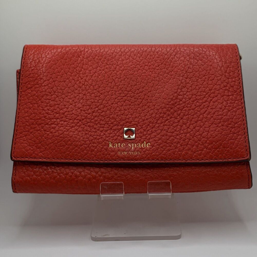 Kate Spade Crossbody Bag Pebbled Leather Coral Orange Red Flap Shoulder Clutch